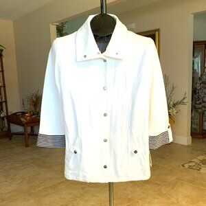 NWT Karen Scott Sport White Cotton Jacket w/Black Striped Cuffs - Medium - $44